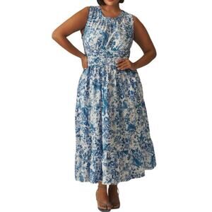 ANTHROPOLOGIE Sleeveless Poplin Smocked Midi Dress Floral Blue White - 3X NWT